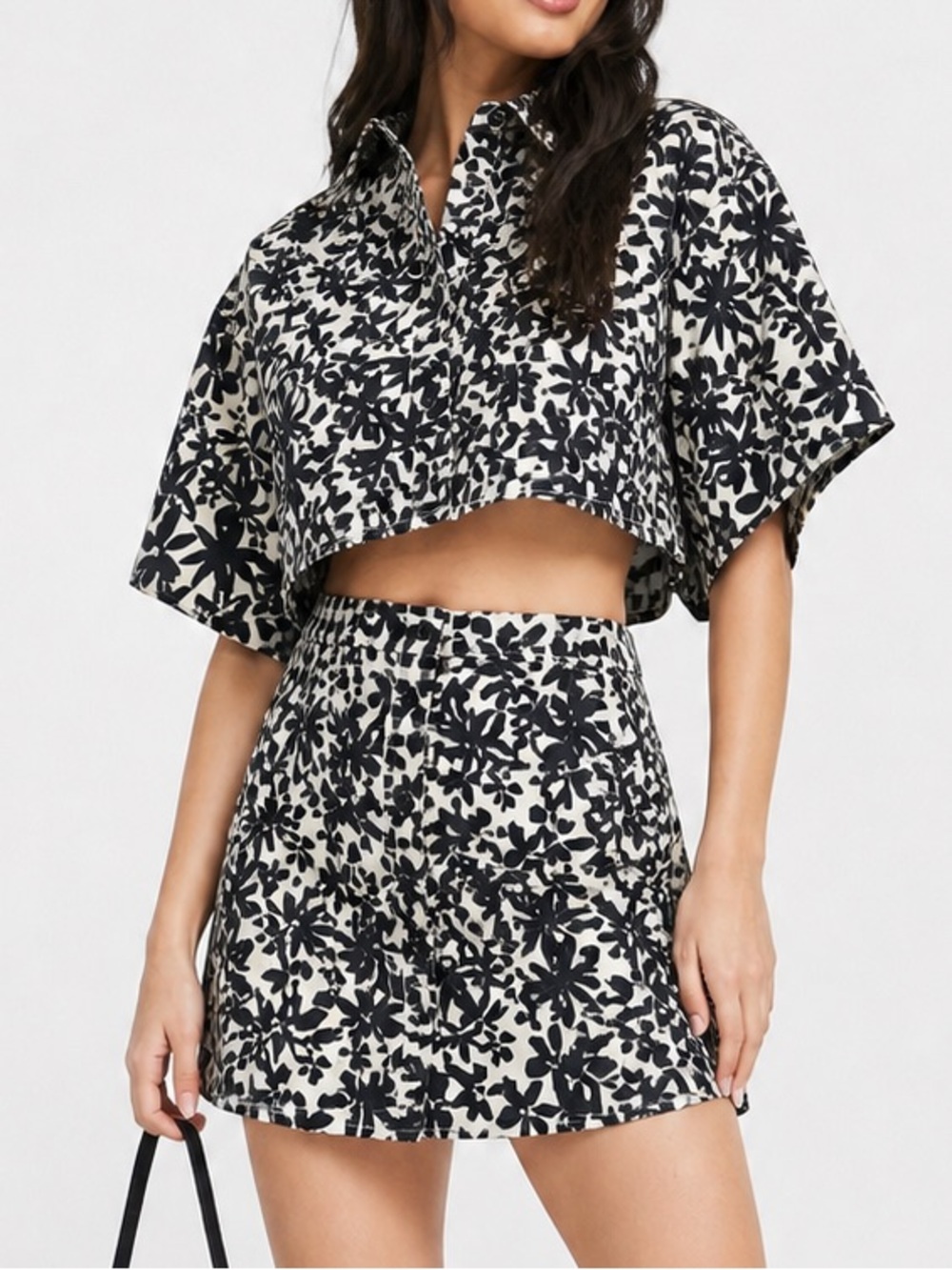 Top Shop Black & Cream Floral Two-Piece Set - Crop Top & Mini Skirt